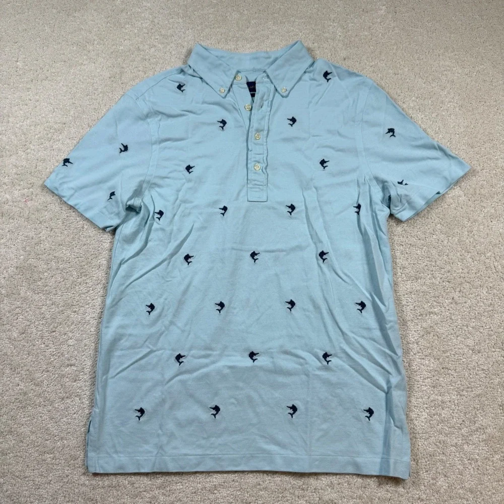 Ralph Lauren Polo Shirt Mens Medium Blue Marlin Fish Knit Oxford Short Sleeve
